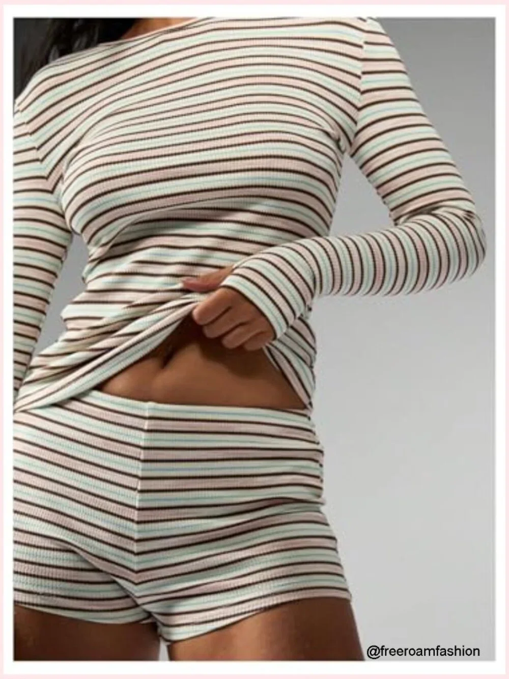 Striped Lounge Set 2 Piece Matching Long Sleeve Top & Mini Shorts